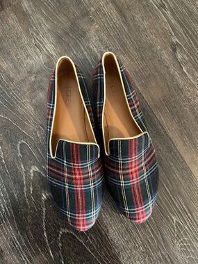 J. Crew Plaid Slip-On Loafers in Red, Navy and Green